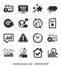 Set of Technology icons, such as Messenger, Truck delivery, Search symbols. Online quiz, Download file, World globe signs. Refresh like, Web system, Time management. Analytical chat. Vector