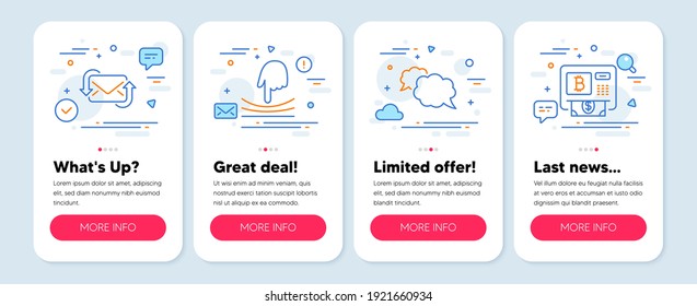 Set of Technology icons, such as Messenger, Refresh mail, Elastic symbols. Mobile app mockup banners. Bitcoin atm line icons. Speech bubble, New e-mail, Resilience. Cryptocurrency change. Vector