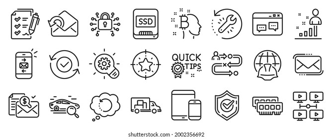 Juego de iconos de tecnología, como correo de Messenger, Seguridad confirmada, Iconos de estadísticas. Bitcoin piensa, Videoconferencia, carteles de objetivo de Star. Bloqueo de seguridad, dispositivos móviles, lista de verificación de la encuesta. Ssd. Vector