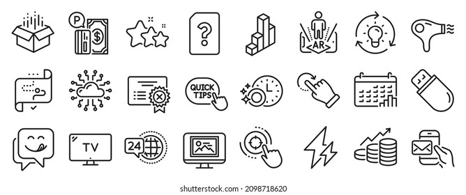 Juego de iconos de tecnología, como correo de Messenger, servicio 24h, iconos de rechazos de certificados. Gesto de rotación, Secador de pelo, Signos de archivo desconocidos. Gráfico de crecimiento, televisión, electricidad. Usb stick, Idea. Vector