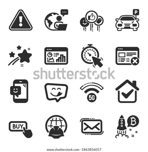 Set of Technology icons, such as Messenger mail,\
Bitcoin project, Global engineering symbols. Reject web, 5g wifi,\
Smile signs. Timer, Yummy smile, Parking. Seo statistics, Like.\
Vector