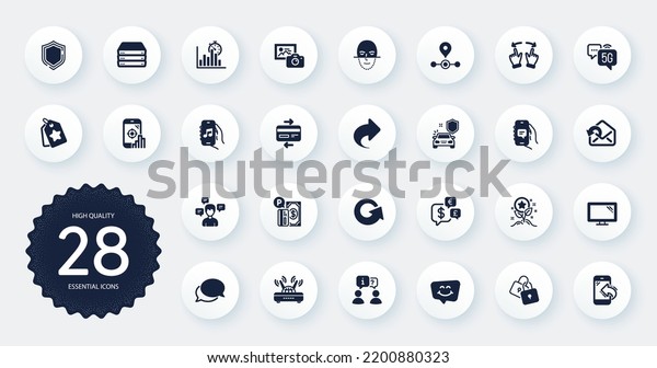 Set of Technology icons, such as Messenger,\
Interview and Shield flat icons. Car secure, Reload, Station web\
elements. Loyalty points, Servers, Wifi signs. Chat app, Report\
timer, Seo phone. Vector