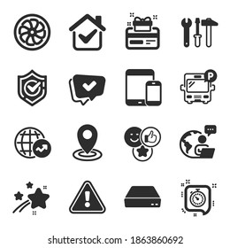 Set of Technology icons, such as Mini pc, Location, Timer symbols. Spanner tool, Confirmed, Loyalty card signs. Fan engine, Like, Approved. Bus parking, Mobile devices, World statistics. Vector