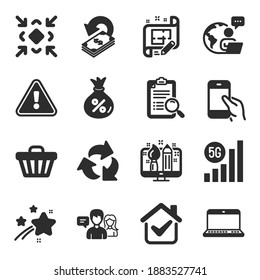 Set of Technology icons, such as Minimize, Creative design, Recycle symbols. People talking, Search analysis, Hold smartphone signs. Cashback, Notebook, Shop cart. Architect plan, 5g wifi. Vector
