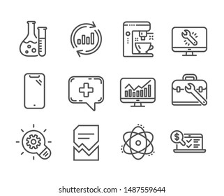 Set of Technology icons, such as Monitor repair, Statistics, Tool case, Chemistry lab, Update data, Corrupted file, Smartphone, Medical chat, Cogwheel, Atom, Coffee maker line icons. Vector