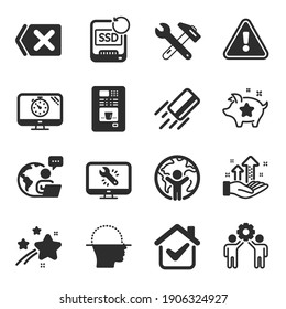 Set of Technology icons, such as Monitor repair, Face scanning, Global business symbols. Analysis graph, Employees teamwork, Credit card signs. Spanner tool, Recovery ssd, Loyalty points. Vector
