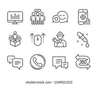 Set of Technology icons, such as Music making, Swipe up, Call center, Comment, 360 degree, Augmented reality, Employees group, Repairman, Chemistry pipette, Dots message, Seo phone, Dating. Vector