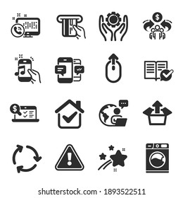 Set of Technology icons, such as Music phone, Employee hand, Swipe up symbols. Credit card, Washing machine, Web call signs. Sharing economy, Approved documentation, Smartphone sms. Vector