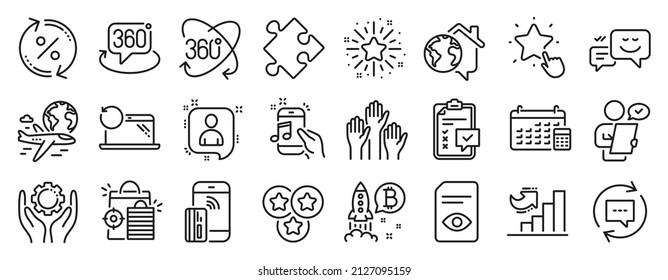 Set of Technology icons, such as Music phone, Stars, Recovery laptop icons. Bitcoin project, Strategy, Work home signs. International flight, Twinkle star, 360 degree. Employee hand. Vector