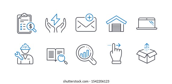 Set of Technology icons, such as New mail, Parking garage, Safe energy, Repairman, Accounting report, Touchscreen gesture, Laptop, Search text, Seo analysis, Send box line icons. Vector