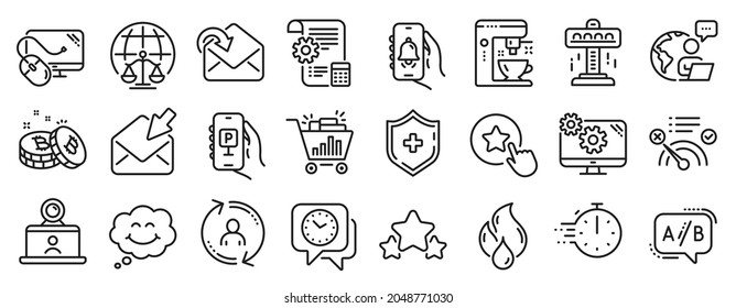 Set of Technology icons, such as No internet, Settings blueprint, Magistrates court icons. Receive mail, Flammable fuel, Clock signs. User info, Video conference, Stars. Medical shield. Vector