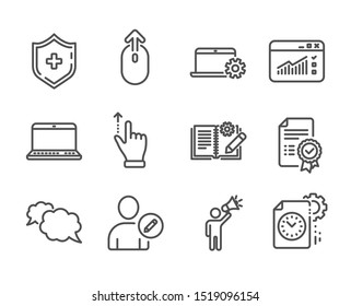 Set of Technology icons, such as Notebook, Notebook service, Project deadline, Touchscreen gesture, Engineering documentation, Brand ambassador, Medical shield, Messenger, Certificate. Vector