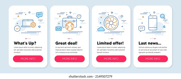 Set of Technology icons, such as Notebook service, Businessman case, Fan engine symbols. Mobile app mockup banners. Smartphone line icons. Computer repair, Outsourcing business, Ventilator. Vector