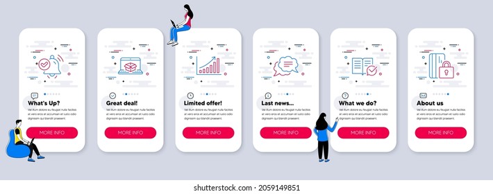 Set of Technology icons, such as Notification received, Text message, Graph chart icons. UI phone app screens with teamwork. Online delivery, Approved documentation, Blocked card line symbols. Vector