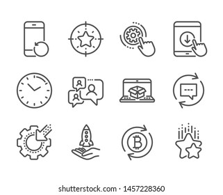 Set of Technology icons, such as Online delivery, Ranking stars, Recovery phone, Refresh bitcoin, Seo gear, Cogwheel settings, Crowdfunding, Star target, Support chat, Time, Scroll down. Vector