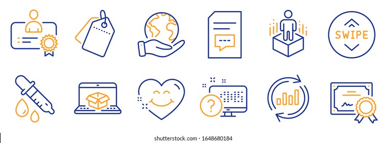 Set of Technology icons, such as Online delivery, Online quiz. Certificate, save planet. Certificate, Sale tags, Update data. Chemistry pipette, Smile face, Swipe up. Vector
