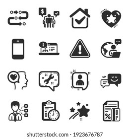 Set of Technology icons, such as Online documentation, Third party, Exam time symbols. Developers chat, Happy emotion, Credit card signs. Smartphone, Teamwork, Methodology. Ranking star. Vector