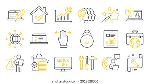 Set of Technology icons, such as Online loan, International globe, Copyright laptop symbols. Seo shopping, Web lectures, 5g statistics signs. Scroll down, Employees teamwork, Spanner. Vector