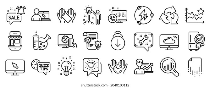 Juego de iconos de Tecnología, como compras en línea, chat de amigos, iconos de reciclaje. Idea creativa, refrigerador certificado, signos de consejos rápidos. Llamada web, almacenamiento en la nube, electricidad verde. Internet. Vector
