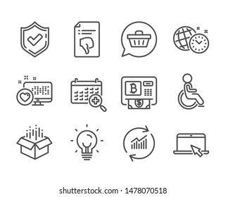 Set of Technology icons, such as Open box, Confirmed, Thumb down, Bitcoin atm, Energy, Disabled, Portable computer, Medical calendar, Update data, Heart, Time management, Shopping cart. Vector