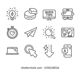 Set of Technology icons, such as Paper plane, Inspiration, Ab testing, Laptop, Pie chart, Heartbeat timer, Seo strategy, Energy drops, Click here, Web tutorials, Bus, Search line icons. Vector