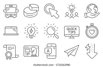 Set of Technology icons, such as Paper plane, Inspiration. Diploma, ideas, save planet. Ab testing, Laptop, Pie chart. Heartbeat timer, Seo strategy, Energy drops. Vector