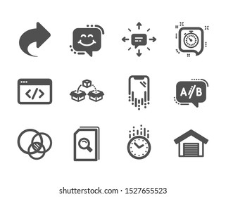 Set of Technology icons, such as Parking garage, Seo script, Share, Search files, Sms, Euler diagram, Ab testing, Parcel shipping, Timer, Smile chat, Time, Smartphone recovery. Vector