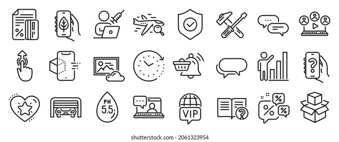 Set of Technology icons, such as Parking garage, Messenger, Swipe up icons. Video conference, Ph neutral, Ecology app signs. Help app, Notification cart, Friends chat. Search flight, Help. Vector