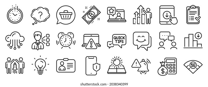 Set of Technology icons, such as Partnership, Third party, Smile face icons. Shopping cart, Approved checklist, Time signs. Scroll down, Employee results, 5g wifi. Id card, Energy, Bitcoin. Vector