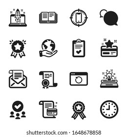 Iconos del conjunto de tecnologías, como tarjeta de pago, Educación. Certificado, grupo aprobado, salvar planeta. Boletín de correo, Reloj, Iniciar negocio. Estrella de clasificación, tarjeta de fidelidad, lista de verificación. Vector