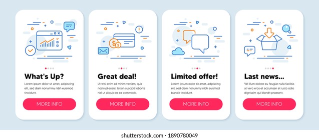 Juego de iconos de tecnología, como método de pago, tráfico web, símbolos de burbuja de voz. Banners de simulación de aplicaciones móviles. Obtener iconos de línea de cuadro. Pago en efectivo o no en efectivo, ventana del sitio web, mensaje de chat. Vector