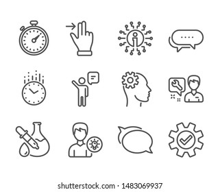 Set of Technology icons, such as Person idea, Chemistry experiment, Dots message, Agent, Talk bubble, Repairman, Touchscreen gesture, Info, Timer, Service, Engineering, Time line icons. Vector
