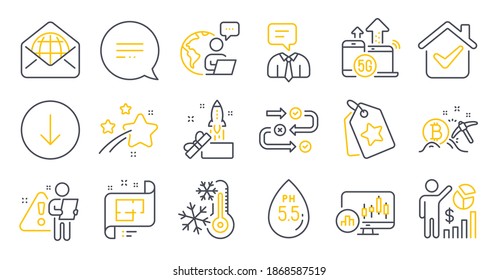 Set of Technology icons, such as Ph neutral, Innovation, Web mail symbols. Text message, Architectural plan, Bitcoin mining signs. 5g internet, Support service, Seo statistics. Freezing. Vector