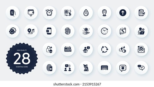 Set of Technology icons, such as Ph neutral, Survey checklist and Settings gears flat icons. Confirmed mail, Microscope, Video conference web elements. Cyber attack, Timer, Spanner signs. Vector