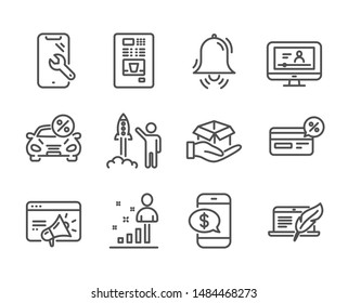 Set of Technology icons, such as Phone payment, Smartphone repair, Launch project, Car leasing, Online video, Coffee vending, Seo marketing, Cashback, Copyright laptop, Stats, Clock bell. Vector