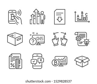 Set Of Technology Icons, Such As Phone Survey, Credit Card, Cogwheel, Bitcoin Pay, Survey Results, Open Box, Bitcoin Chart, Move Gesture, Office Box, Employee Results, Online Quiz. Vector