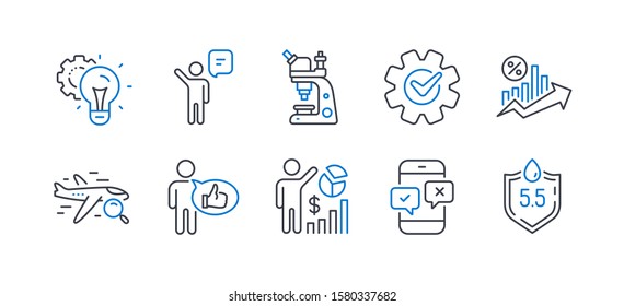 Set of Technology icons, such as Phone survey, Idea gear, Like, Seo statistics, Cogwheel, Agent, Microscope, Loan percent, Search flight, Ph neutral line icons. Line phone survey icon. Vector