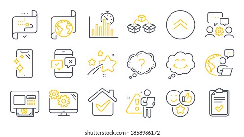 Set of Technology icons, such as Phone survey, Swipe up, Engineering team symbols. Target path, Smartphone clean, Atm signs. Settings, Translation service, Question mark. Smile, Checklist. Vector
