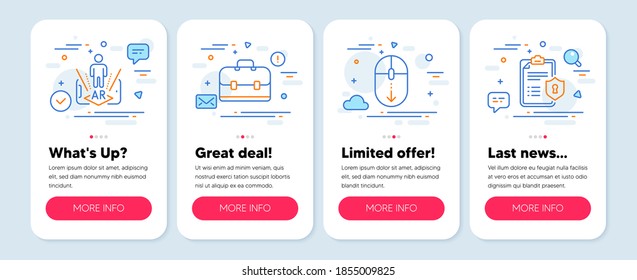 Set of Technology icons, such as Portfolio, Augmented reality, Scroll down symbols. Mobile app mockup banners. Privacy policy line icons. Business case, Phone simulation, Mouse swipe. Vector