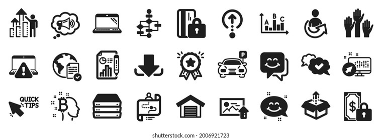 Juego de iconos de tecnología, como pago privado, cuadro Enviar, iconos de chat Sonreir. Garaje de estacionamiento, piensa Bitcoin, carteles de votación en línea. Diagrama de bloques, Trayectoria de viaje, Resultados de empleados. Aprobado. Vector
