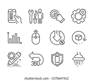 Set of Technology icons, such as Project edit, Mobile survey, 360 degrees, Smartphone protection, Diagram graph, Touchscreen gesture, Swipe up, Repairman, Return package, Cogwheel, Shower. Vector