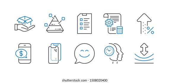 Set of Technology icons, such as Pyramid chart, Phone payment, Smartphone glass, Settings blueprint, Smile chat, Increasing percent, Hold box, Time management, Checklist, Resilience. Vector