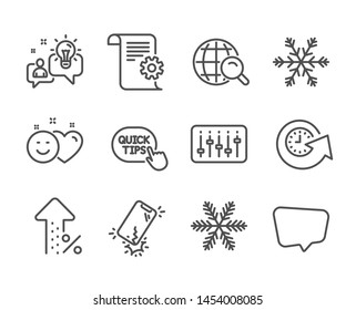 Set Of Technology Icons, Such As Quick Tips, Technical Documentation, Smartphone Broken, Update Time, Idea, Smile, Increasing Percent, Internet Search, Dj Controller, Air Conditioning. Vector