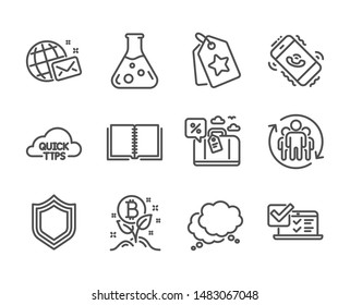 Set of Technology icons, such as Quick tips, World mail, Speech bubble, Teamwork, Chemistry lab, Security, Travel loan, Call center, Loyalty tags, Online survey, Book, Bitcoin project. Vector