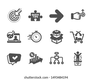 Set of Technology icons, such as Quick tips, Winner podium, Loan percent, Cross sell, Online chemistry, Approved, Restructuring, Packing boxes, Next, Drag drop, Targeting, Timer. Vector