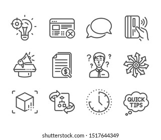 Set of Technology icons, such as Quick tips, Technical algorithm, Augmented reality, Versatile, Megaphone, Financial documents, Seo idea, Time, Messenger, Contactless payment, Reject web. Vector