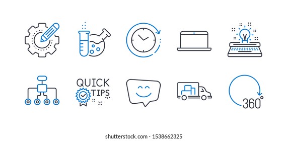 Set of Technology icons, such as Quick tips, Restructuring, Chemistry lab, Typewriter, Time change, Laptop, Smile face, Truck transport, Settings gear, 360 degrees line icons. Vector