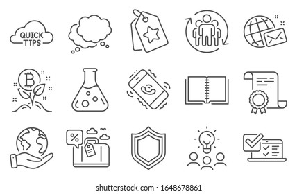 Set of Technology icons, such as Quick tips, World mail. Diploma, ideas, save planet. Speech bubble, Teamwork, Chemistry lab. Security, Travel loan, Call center. Vector