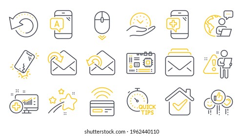 Set of Technology icons, such as Quick tips, Safe time, Ab testing symbols. Motherboard, Like, Recovery data signs. Scroll down, Medical analytics, Smartphone broken. Receive mail, Mail. Vector