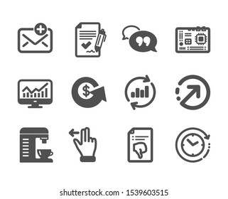 Set of Technology icons, such as Quote bubble, Direction, New mail, Touchscreen gesture, Time change, Coffee machine, Approved agreement, Dollar exchange, Statistics, Thumb down. Vector